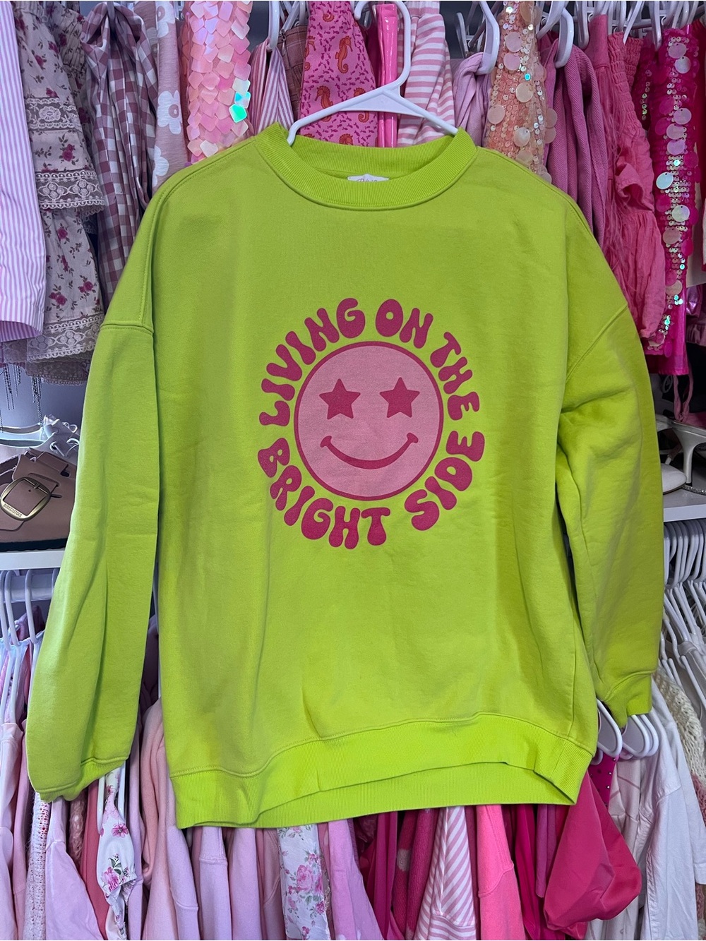 Pink Lily Lime Green Sweatshirt with Pink Graphic Smiley